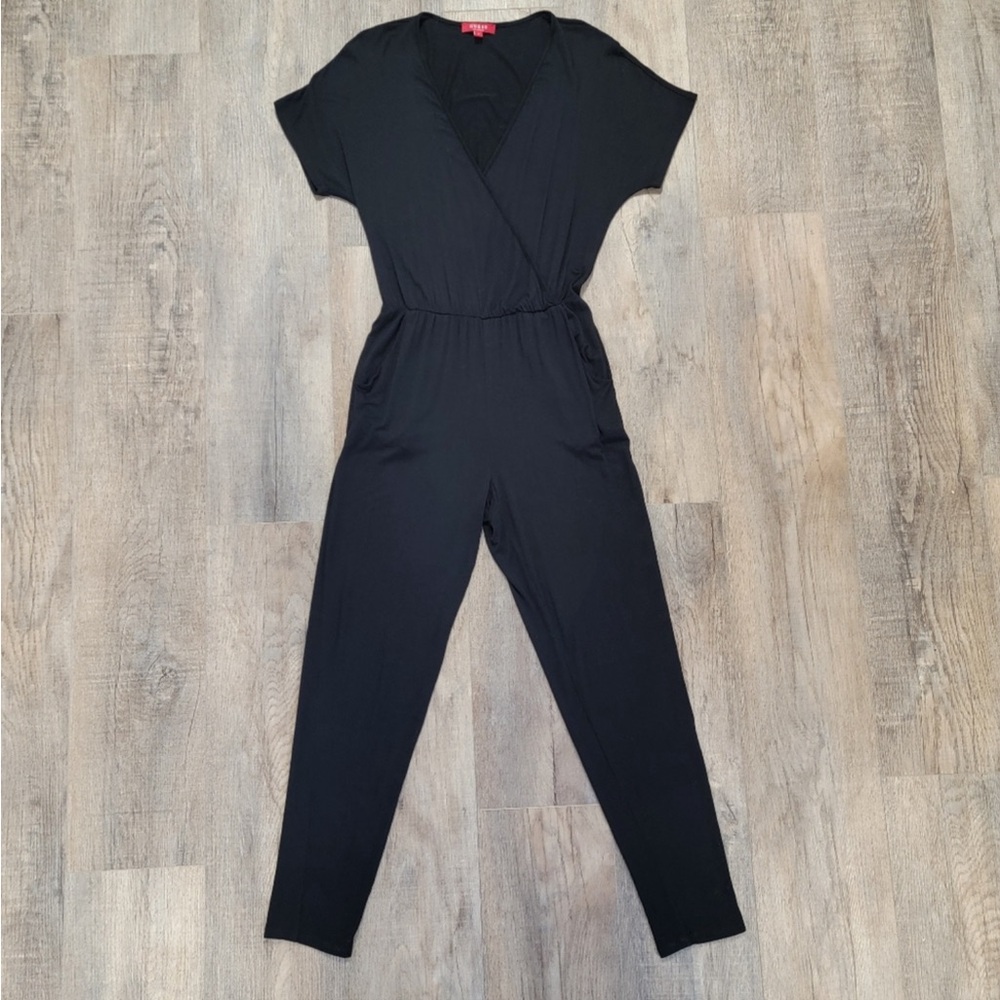 GUESS Romper Black Short Sleeve Faux Wrap V Neck Stretch Size S